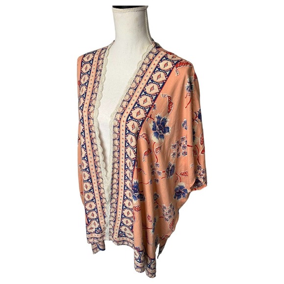 Angie Kimono Womens M Boho Floral Print Open Cardigan Lace Trim Dolman Peach - Picture 3 of 10